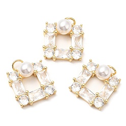 Настоящее золото 18K Стойка металлическая латунная микропрофилированная кубическая циркония подвески, с пластиковым искусственным жемчугом и прыгающим кольцом, долговечный, без свинца и без кадмия, квадратный, реальный 18 k позолоченный, 17x16x7.5 мм, отверстие : 3 мм