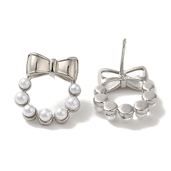 Platinum Rack Plating Brass Studs Earrings, with Plastic Beads, Long-Lasting Plated, Lead Free & Cadmium Free, Bowknot, Platinum, 17x4.5mm