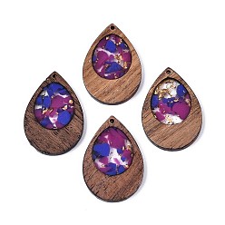 Бледно-фиолетовый Красный Кулон из дерева и смолы, золотой фольгой, слезинки, бледно-фиолетовый красный, 38x25.5x3 мм, отверстие : 2 мм