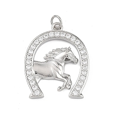 Платина Латунные микропаве прозрачные подвески с фианитом, подкова с конскими оберегами, платина, 27.5x22.5x2.5 мм, Перейти кольцо: 5x1 мм, 3 мм внутренним диаметром