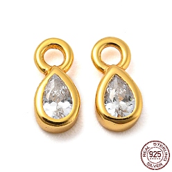 Teardrop Real 18K Gold Plated 925 Sterling Silver Charms, with Clear Cubic Zirconia, with S925 Stamp, Teardrop, 6.3x3x2mm, Hole: 1.2mm