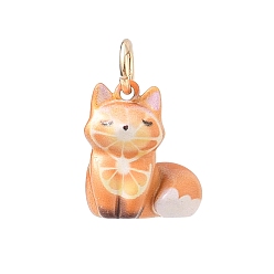 Fox Animal Theme Brass Enamel Pendants, with Jump Ring, Golden, Orange Fox Charm , 15x14x8mm, Hole: 4mm