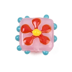 Pink Ручной работы ухабистым Шарики Lampwork, прямоугольник с цветочным узором, розовые, 16~17x16~17x9~11 мм, отверстие : 1.6~1.8 мм