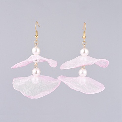 Pearl Pink Organza Fabric Dangle Earrings, with Golden Plated Brass Findings and Plastic Imitation Pearl, Pearl Pink, 60mm, Pin: 0.6mm