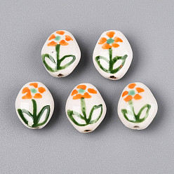 Темно-Оранжевый Фарфоровые бусины ручной работы, пастельный фарфор, самородки и цветы, темно-оранжевый, 14~17x12~13x7~8 мм, отверстие : 1.4~1.8 мм