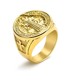 Золотой 304 палец кольца из нержавеющей стали, плоский круглый с крестом и бенедиктинскими украшениями для экзорцизма для мужчин, золотые, размер США 7 (17.3 мм)