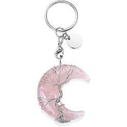 Розовый Кварц Брелок-подвеска из лунной смолы «Древо жизни», обернутый проволокой, с натуральными бусинами из розового кварца внутри и железными подвесками, плоско-круглые, 9 см