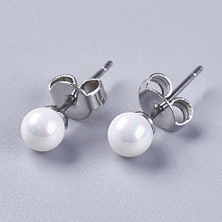 Белый Гальванические серьги-гвоздики с жемчугом, с 304 фурнитурой из нержавеющей стали, белые, 15.5x4 мм, контактный: около 0.6 mm