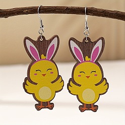 Кролик Деревянные серьги-подвески с пасхальным мультяшным рисунком, платина, кролик, 75x30 мм