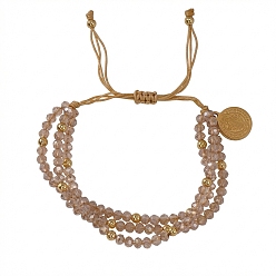 Champagne Gold Boho Adjustable Faceted Rondelle Glass Braided Bead 3-Strand Bracelets, with 304 Stainless Steel Coin Charms, Golden, Champagne Gold, 11.02 inch(28cm)