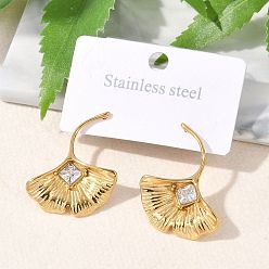 Золотой 304 Серьги-гвоздики из нержавеющей стали с прозрачным фианитом и микропаве, гинкго лист, золотые, 31x27 мм