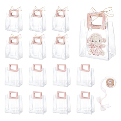 Розовый 15 шт. прозрачные ПВХ-пакеты для хранения, сумки для покупок с ручками из искусственной кожи, прямоугольные, с 1 рулонной полиэфирной лентой, туманная роза, 23.7x17.7x0.9 см