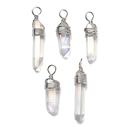 Платина Гальванические подвески из кристаллов натурального кварца, обмотанные проволокой, самородки прелести, с покрытием AB цвета, полирование, платина, 31~40x8~10x8~9 мм, отверстие : 3.5 мм