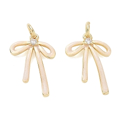 BrumosaRosa Colgantes de zirconia cúbica transparente con pavé de latón chapado en bastidor, encantos del bowknot, con esmalte, anilla y purpurina, sin plomo y cadmio, larga duración plateado, real 18 k chapado en oro, rosa brumosa, 20x13x2.5 mm, agujero: 3.5 mm