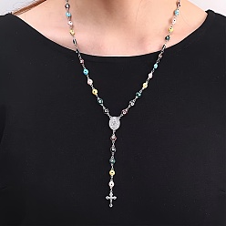 Серебро Ожерелья из разноцветных эмалевых бусин из нержавеющей стали от сглаза, ожерелья с подвеской в виде креста Девы Марии для женщин и мужчин, серебряные, 21.65 дюйм (55 см)