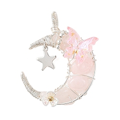 Rose Quartz Natural Rose Quartz Round Chip Wire Wrapped Pendants, Moon Charms with Acrylic Butterfly, Silver Color Plated, 38.5x35x11~14.5mm, Hole: 6x3mm