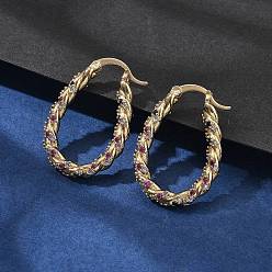 Настоящее золото 18K Женские серьги-кольца из латуни с микропаве и кубическим цирконием, скрутка с овалом, реальный 18 k позолоченный, 34x4.5 мм