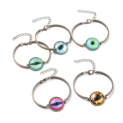 Mixed Color Alloy Link Bracelets, with Half Round/Dome Dragon Eye Printed Glass Cabochons, Antique Bronze, Mixed Color, 4-7/8 inch(12.5cm)