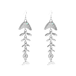 Stainless Steel Color Ocean Alloy & Synthetic Turquoise Dangle Earrings, Fishbone, Stainless Steel Color, 100x30mm