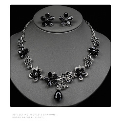 Черный Комплекты из сережек-гвоздиков и подвесок из сплава стекла в форме цветка и капли для женщин., чёрные, колье: 16.54 дюйм (42 см)