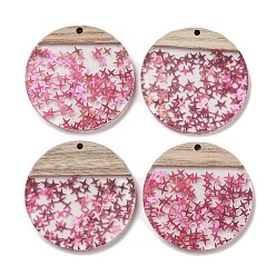Светло-Вишневый Деревянные подвески, смола и золотая фольга, плоско-круглые, светло-вишневый, 38.5x4 мм, отверстие : 2 мм