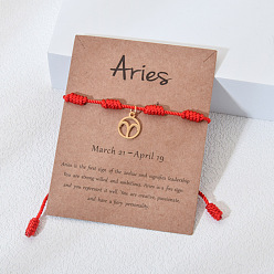 Овен 12 созвездия 304 плоские круглые браслеты из нержавеющей стали с подвесками, регулируемые браслеты из нейлонового шнура для мужчин и женщин, золотые, Овен, периметр: 7-1/8~9-1/8 дюйм (18~23 см)