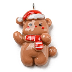 Медведь Непрозрачные подвески смолы, рождественские подвески с железными петлями с платиновым покрытием, медведь, 32x22x9 мм, отверстие : 2 мм