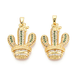 Настоящее золото 18K Латунные микро проложить кубического циркония подвески, без кадмия и без свинца, кактус, реальный 18 k позолоченный, 24x17x5 мм, отверстие : 5x2 мм