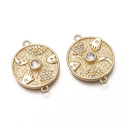 Real 18K Gold Plated Brass Micro Pave Clear Cubic Zirconia Links Connectors, Cadmium Free & Lead Free, Long-Lasting Plated, Flat Round with Star of David & Heart & Eye & Moon & Hand, Real 18K Gold Plated, 23x18x3mm, Hole: 1.5mm