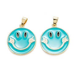 Dark Turquoise Brass Enamel Pendants, Cadmium Free & Lead Free, Real 18K Gold Plated, Long-Lasting Plated, Flat Round with Smiling Face, Dark Turquoise, 27x24.5x2.5mm, Hole: 5x3.5mm