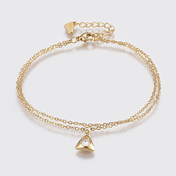 Crystal 304 Stainless Steel Cable Chain Bracelets, Multi-strand Bracelets, with Rhinestone, Lobster Claw Clasps, Triangle, Golden, Crystal, 7-1/8 inch(180mm), 1.5mm