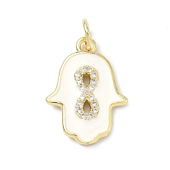 Белый Латунные микро проложить кубического циркония подвески, с эмалью, долговечный, стойки покрытие, без свинца и без кадмия, hamsa hand charms, реальный 18 k позолоченный, белые, 18.5x13.5x2 мм, отверстие : 3 мм