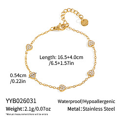 Heart 304 Stainless Steel Crystal Rhinestone Geometric Link Chain Bracelets, Golden, Heart, 6.50 inch(16.5cm)