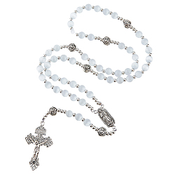 Античное Серебро 1pc religion белые четки с кошачьим глазом, Подвеска в виде креста из сплава с изображением Девы Марии для мужчин., античное серебро, 26.30 дюйм (66.8 см)