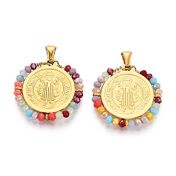 Разноцветный 304 подвески из нержавеющей стали, плоские круглые с святым Бенедиктом, со стеклянными бусинами, ионное покрытие (ip), реальный 18 k позолоченный, граненые, красочный, 26.5x26.5x3 мм, отверстие : 5x3.5 мм