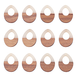 Creamy White Resin & Wood Pendants, Teardrop, Creamy White, 37.5x28x3~3.5mm, Hole: 1.5mm, 12pcs/box