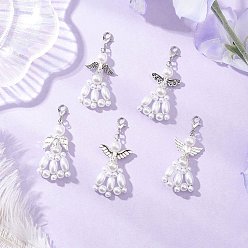 Белый АБС-пластик имитация жемчуга подвесные украшения, ангел, с акрилом и сплавом в тибетском стиле, белые, 58~61 мм