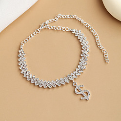 Серебро Знак доллара сплава полный кристалл горный хрусталь браслеты на ногу для женщин, серебряные, 7-1/8 дюйм (180 мм)