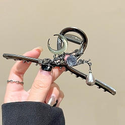 Черный Цвет Металла Заколки для волос кошачий глаз, аксессуары для волос из сплава для женщин и девочек, луна и ветвь, металлический черный , 130 мм