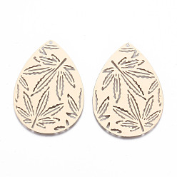 Light Gold Autumn Theme Brass Pendants, Etched Metal Embellishments, Long-Lasting Plated, Hollow Out Teardrop with Maple Leaf, Light Gold, 45x32x0.5mm, Hole: 1.4mm