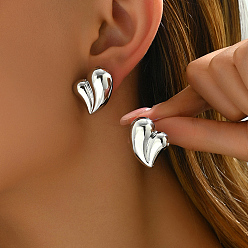 Серебро Латунные серьги-гвоздики в форме сердца, серебряные, 20x20 мм