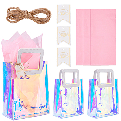 Mixed Color 3Pcs Rectangle Holographic PVC Plastic Packing Tote Bags, with 3Pcs Paper Gift Tags, 6Pcs Wrapping Paper and 1M Jute Cord, Mixed Color, 20.2x9.7x31cm