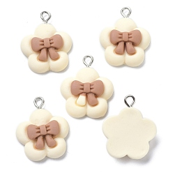 Beige Harzanhänger, mit Eisenschlaufe, Blume mit bowknot, beige, 24x20x7 mm, Bohrung: 2 mm
