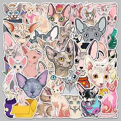 Cat Shape PVC Self Adhesive Hairless Cat Stickers Sets, Waterproof Cute Cat Decals for Suitcase, Skateboard, Refrigerator, Helmet, Mobile Phone Shell, Cat Pattern, 55~85mm, 50pcs/bag