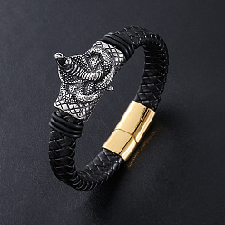 Античный Серебристый & Золотой Браслеты из плетеного шнура из искусственной кожи в стиле панк, 304 Браслеты из нержавеющей стали с подвесками в виде змеи для мужчин, с магнитной застежкой, старинное серебро & золотой, 8.66 дюйм (22 см)