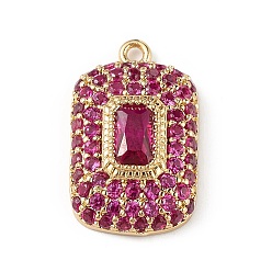 Hot Pink Rack Plating Brass Micro Pave Cubic Zirconia Pendants, Rectangle Charm, Cadmium Free & Lead Free, Long-Lasting Plated, Real 18K Gold Plated, Hot Pink, 17x10x4mm, Hole: 1mm