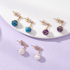 Золотой 3 пары 304 круглые серьги-гвоздики с натуральным культивированным пресноводным жемчугом из нержавеющей стали, с натуральным аметистом и натуральным апатитом, золотые, золотые, 20x10 мм