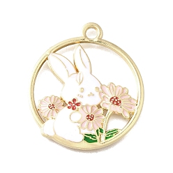Pink Подвески из эмали и сплава, кольцо с подвеской в виде кролика и цветка, золотые, розовые, 30x26.5x3 мм, отверстие : 2.5 мм
