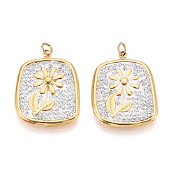 Цветок 304 подвески из нержавеющей стали и полимерной глины с кристаллами и стразами, с целью перехода в кольце, ионное покрытие (ip), реальный 18 k позолоченный, цветок, 23x18x2 мм, отверстие : 2.8 мм