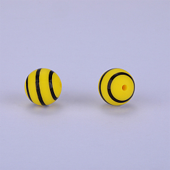 Yellow Printed Round with Stripe Pattern Silicone Focal Beads, Yellow, 15x15mm, Hole: 2mm